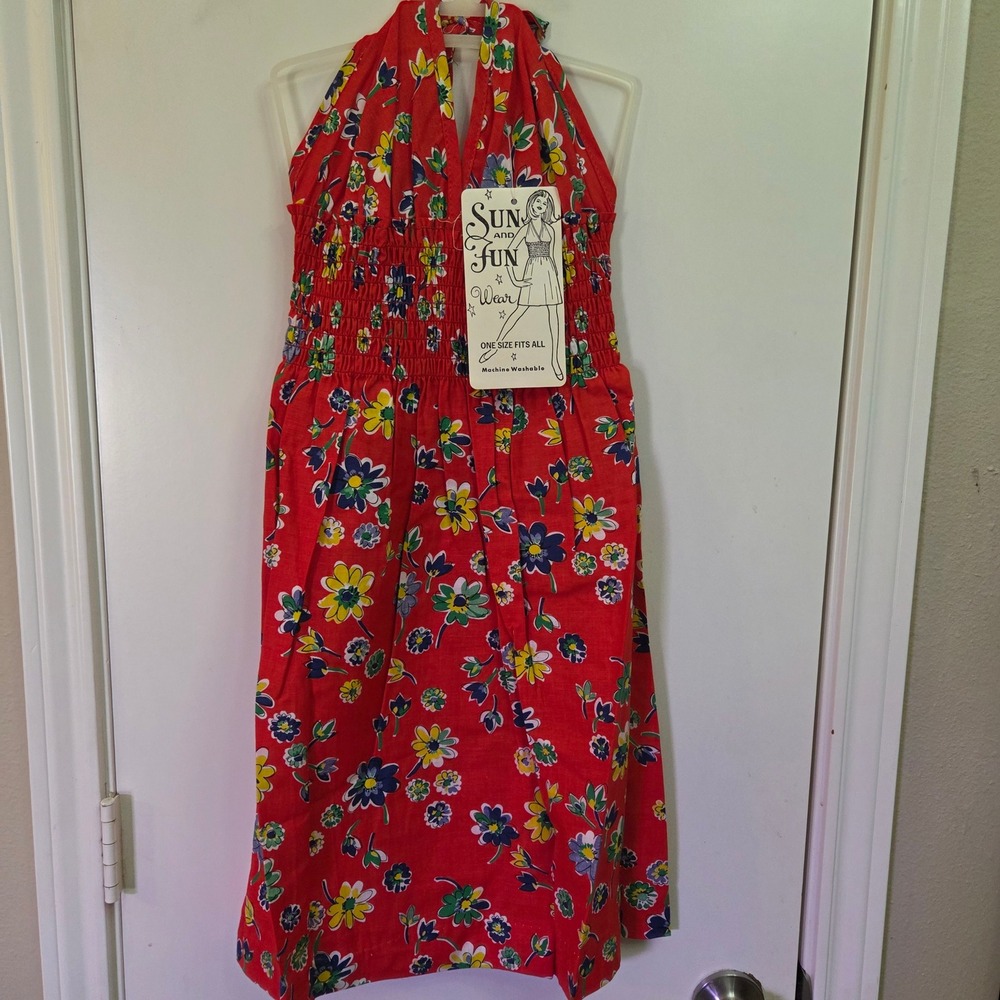 Sun and Fun Wear Red Floral Halter Dress Smocked Kids One Size Fits All NWT